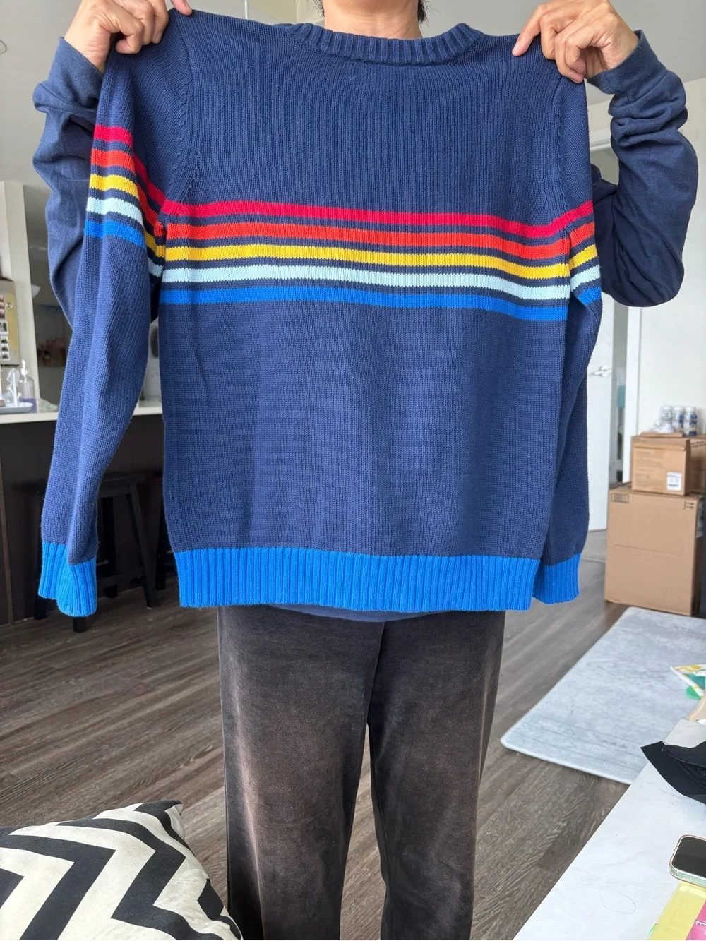 100% Cotton Women’s S Navy Crewneck Sweater with Multicolor Stripes - Unbranded